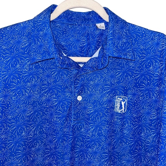 Men's PGA Tour Brand Blue Firework Print Polo with PGA Tour Logo - Picture 2 of 6